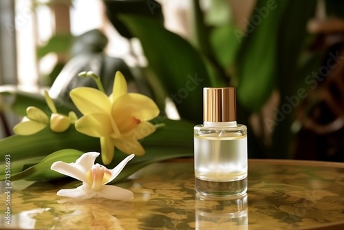 spa setting with orchid, beautiful perfume bottle 