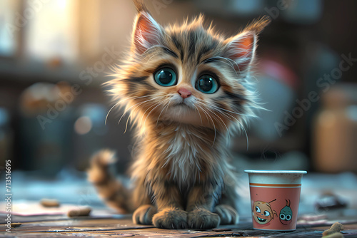 Maine Coon cat in 3D cartoon style, captivates with its charmingly exaggerated features, including endearingly oversized and bright eyes that radiate an irresistibly cute and playful allure photo