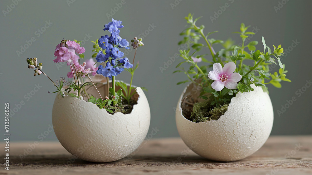 Eggshell Planter With Tiny Spring Flowers Eggshell Planter With Tiny Spring Flowers