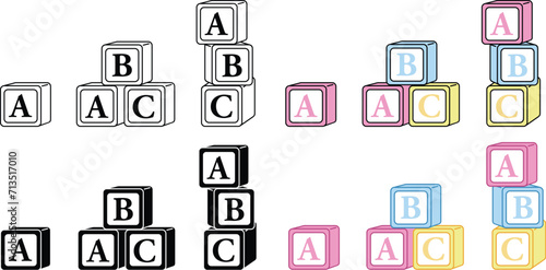 Pastel ABC Stacking Kids Blocks Vector Clipart - Outline, Silhouette & Color