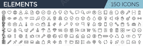Set of 150 outline icons related to web elements, essentials. Linear icon collection. Editable stroke. Vector illustration
