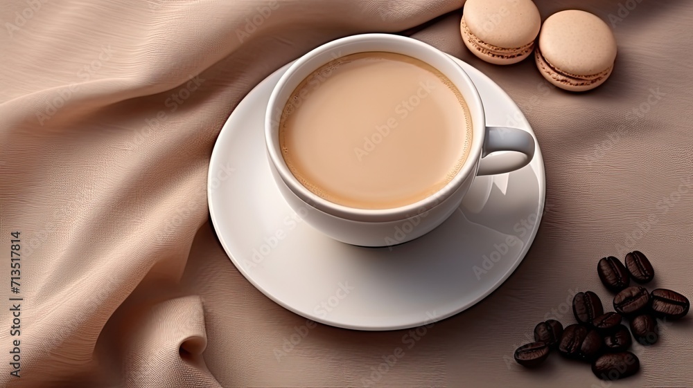 a mug of cappuccino and beige cookies neatly arranged on a saucer, the composition on a tablecloth in either gray, white, or black for a stylish and inviting aesthetic.
