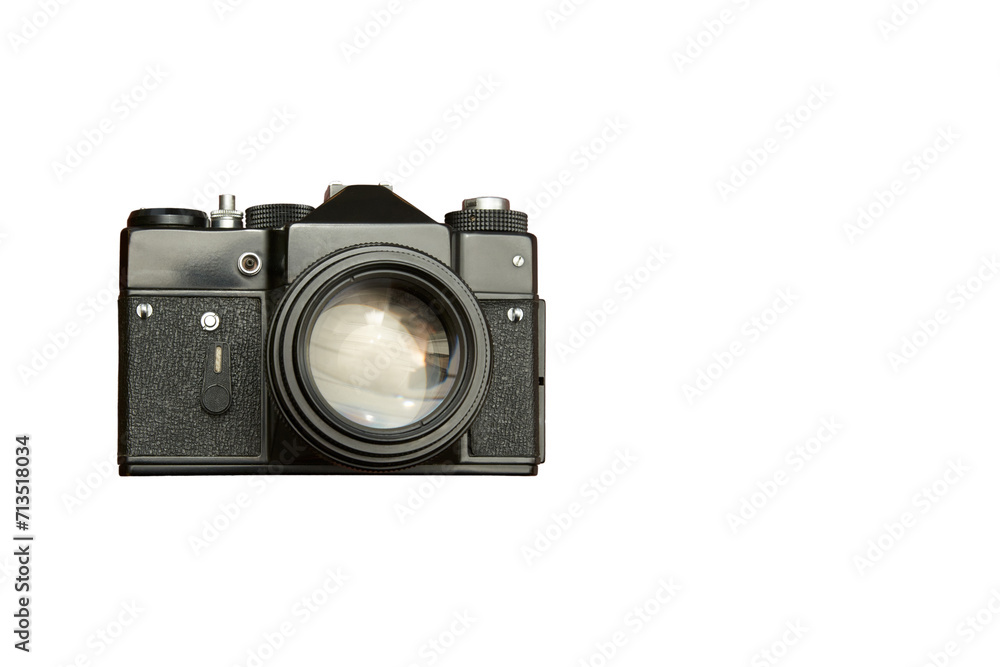 Small-format single-lens reflex camera with semi-automatic exposure control on a white background. Copy space.