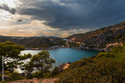 View of beautiful Anthony Quinn Bay beach and Ladiko beach. Seascape on the island of Rhodes Greece.