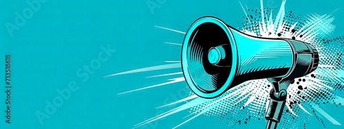 megaphone with sound waves emanating from it, set against a contrasting teal background, capturing attention and conveying a message of amplification and public announcement