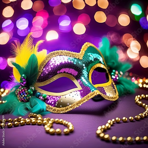 Mardi Gras sequin mask with gold necklace, feathers, and bokeh lighting