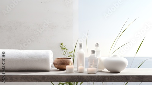 beauty treatment items arranged on a white wooden table  including massage stones  essential oils  and sea salt  a serene spa atmosphere with ample copy space.
