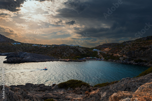 View of beautiful Anthony Quinn Bay beach and Ladiko beach. Seascape on the island of Rhodes Greece.