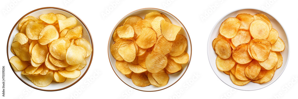 Set of potato chips on a plate  top view isolated on a transparent background