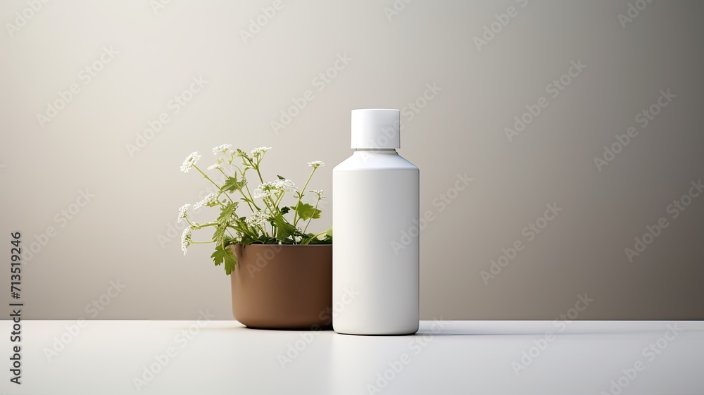 a cosmetic bottle featuring a label, elegantly placed on a table with a white background, the clean and professional presentation of the cosmetic product. a cosmetic bottle featuring a label, elegantly placed on a table with a white background, the clean and professional presentation of the cosmetic product.