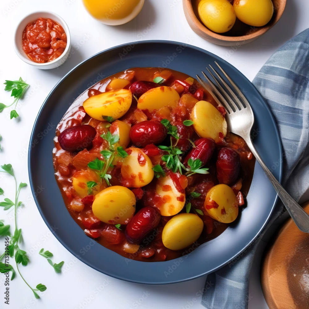 Plato con patatas y chorizo cocidos en su salsa Plato con patatas y chorizo cocidos en su salsa