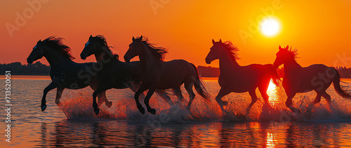 horses gallop on the beach, AI generated
