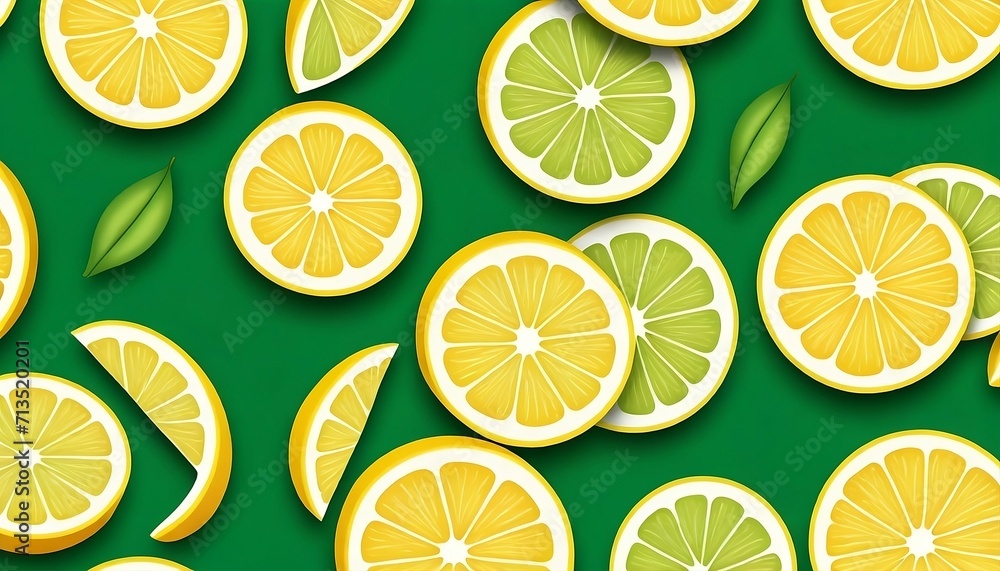 Slices of fresh yellow lemon summer background. Yellow & green vector background. Generative AI