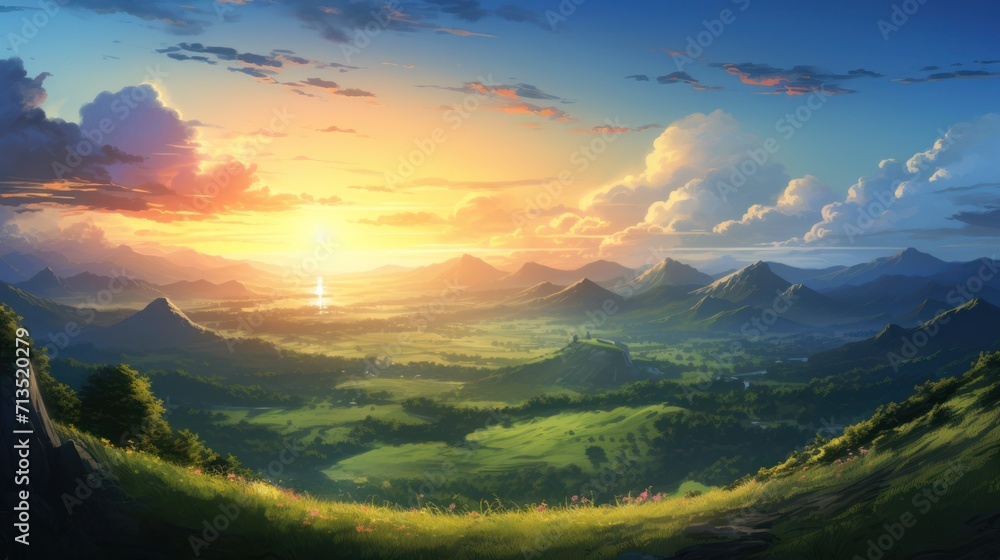 Meadow landscape, sunset, dusk. Anime style as background.