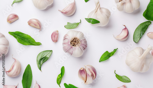 garlic with leaves creative pattern isolated on white background. Top view and flat lay photo