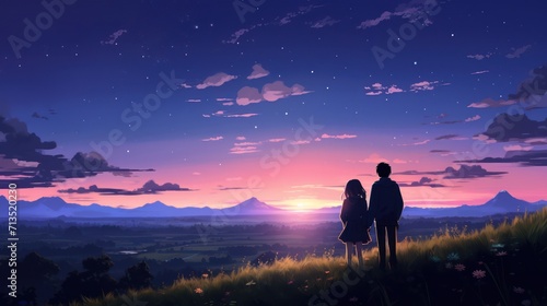 Meadow landscape, sunset, dusk. Anime style watercolor as background.
