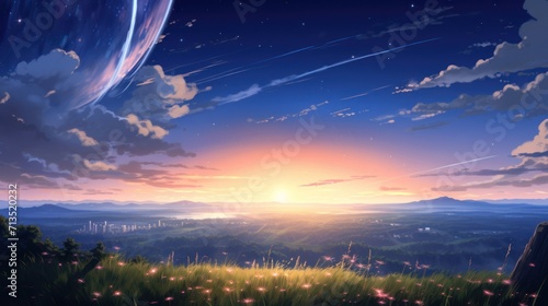 Meadow landscape, sunset, dusk. Anime style watercolor as background.