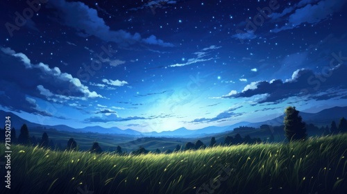 Evening Meadow landscape, sunset, star fall, dusk. Anime style watercolor as background.