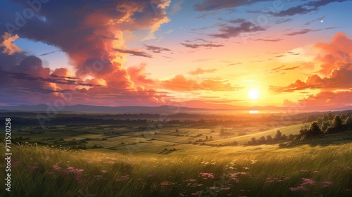 Meadow landscape, sunset, dusk. Anime style watercolor as background. © FuryTwin