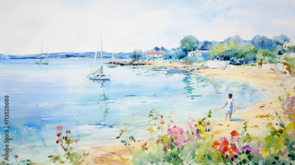 Painting watercolor seascape with sailboats  - obrazy, fototapety, plakaty 