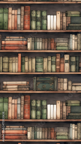 old books on shelves in the library, watercolor vertical background