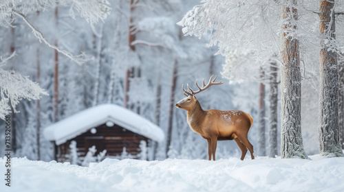 Noble deer in winter forest in Finnish Lapland against the background of a snow-covered forest hut., © GMeta