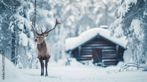 Noble deer in winter forest in Finnish Lapland against the background of a snow-covered forest hut.,