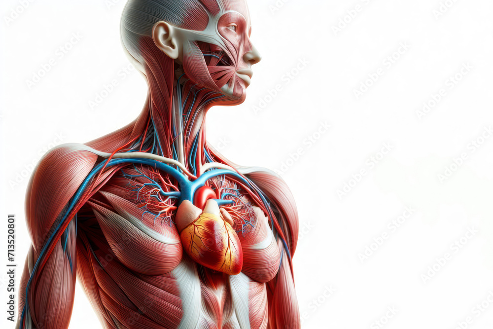 Human anatomy showing heart with muscular system visible isolated on solid a white background. ai generative - obrazy, fototapety, plakaty 