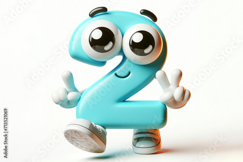 little cute happy number 2 3d character with bulging eyes on solid a white background. ai generative