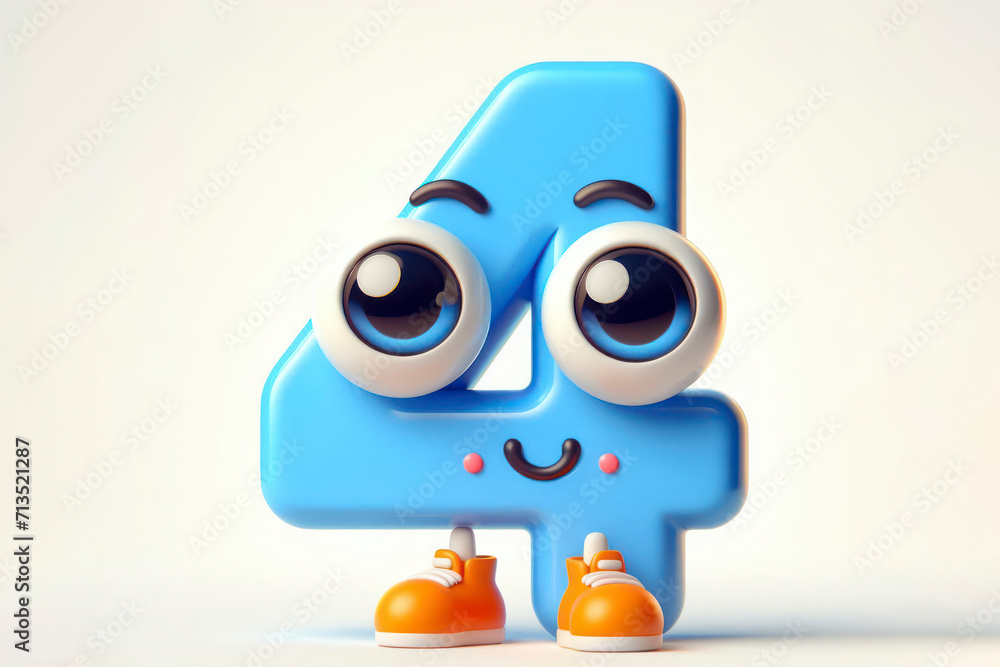 little cute happy number 4 3d character with bulging eyes on solid a white background. ai generative
