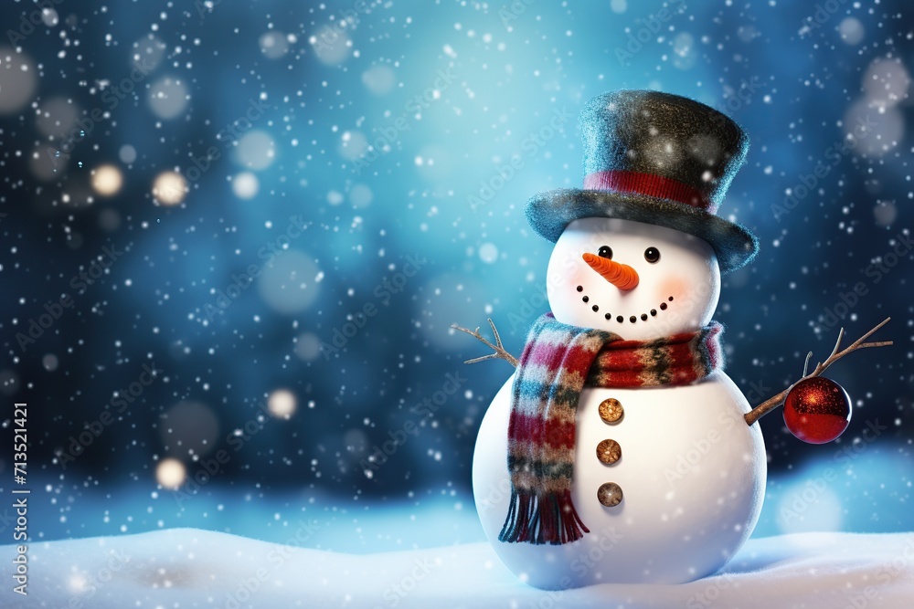 Illustration of snowman wearing scarf and hat with falling snow