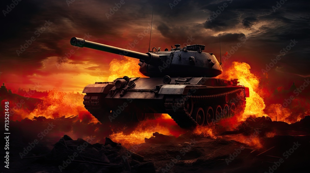 the intense silhouette of a burning tank, depicting a dramatic scene of conflict and destruction.