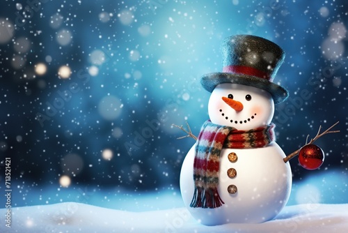 Illustration of snowman wearing scarf and hat with falling snow © Alina