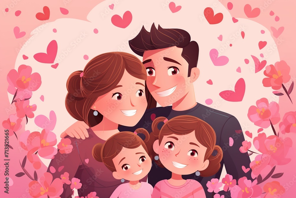 Illustration of young family on pink background Illustration of young family on pink background