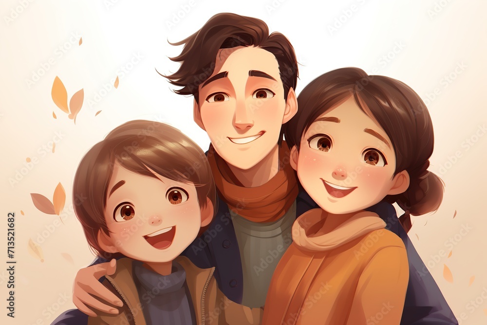 Illustration of young family on beige background