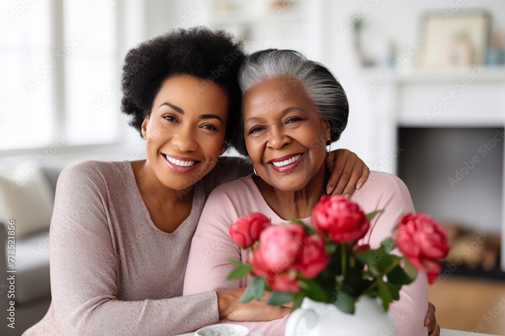 African american daughter hugging her mom at home African american daughter hugging her mom at home