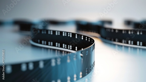 A close-up of a winding film strip on a reflective surface, a metaphor for the intricate journey of storytelling in cinema, showcased at International Film Festivals. photo