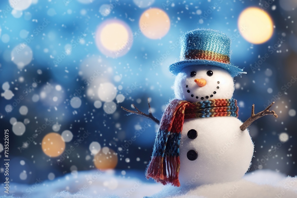 Beautiful snowman wearing scarf and hat with falling snow Beautiful snowman wearing scarf and hat with falling snow