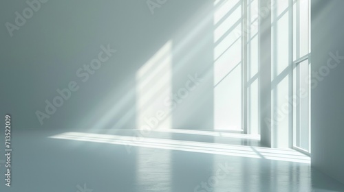 Sunlight streams through tall windows in a white minimalist room, creating a dramatic interplay of light and shadow, suitable for film festival exhibitions.