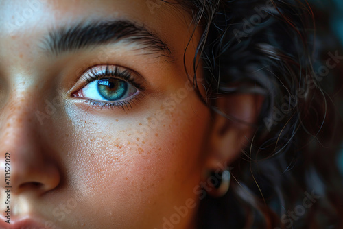 Close up portrait of half face of gorgeous blue eyed young brunette woman with curly hair
