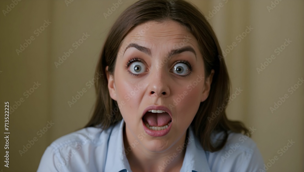 A woman with wide eyes and an open-mouthed expression, clearly showing shock and astonishment. generative AI A woman with wide eyes and an open-mouthed expression, clearly showing shock and astonishment. generative AI