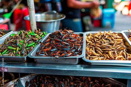 Sustainable Protein: Fried Insects Display. Insect Cuisine: Tasting the Future