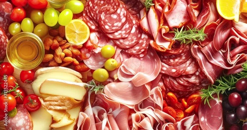 deli meats, delicatessen top view, various salted meat, pork ham chorizo salami, nuts olive tomato, presented on a wooden tray, commercial food, rotation dezoom photo