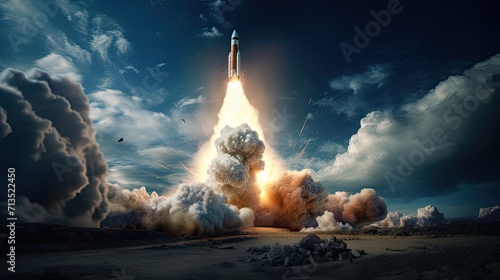 a military missile in flight against the sky, warhead or atomic bomb, chemical weapons, rocket launch.