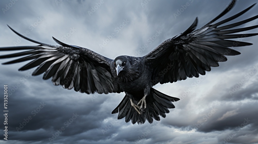 Obraz premium Majestic Crow Soaring Through the Sky with Gracefully Extended Wings - AI-Generative