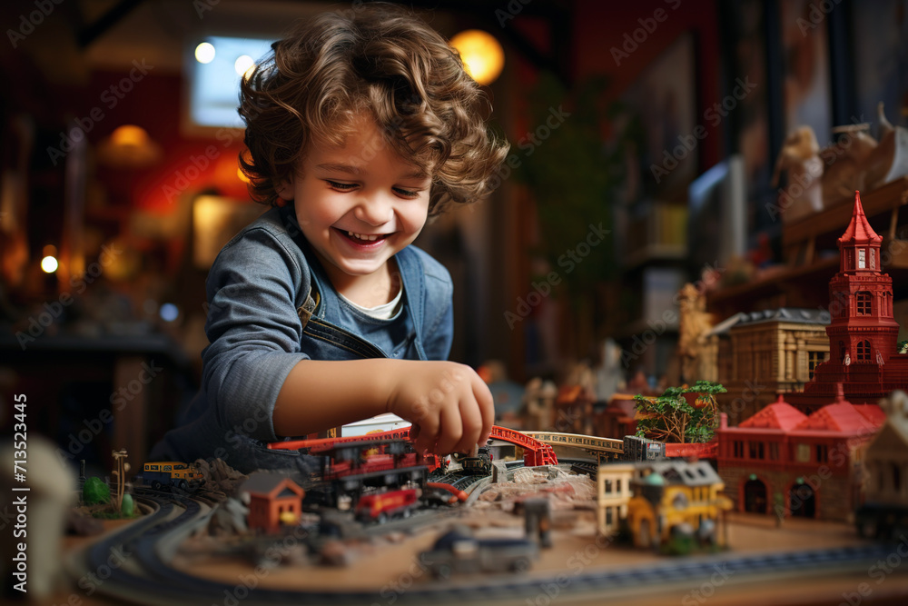 Preschooler with brunette wavy hair plays with a toy railroad in a large room