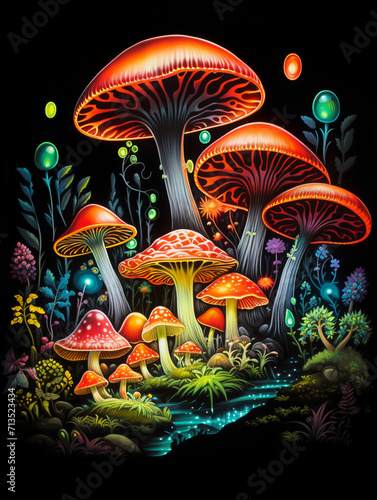 T-shirt design, psychedelic mushroom forest, vibrant and swirling colors, surreal landscapecreated with Generative Ai