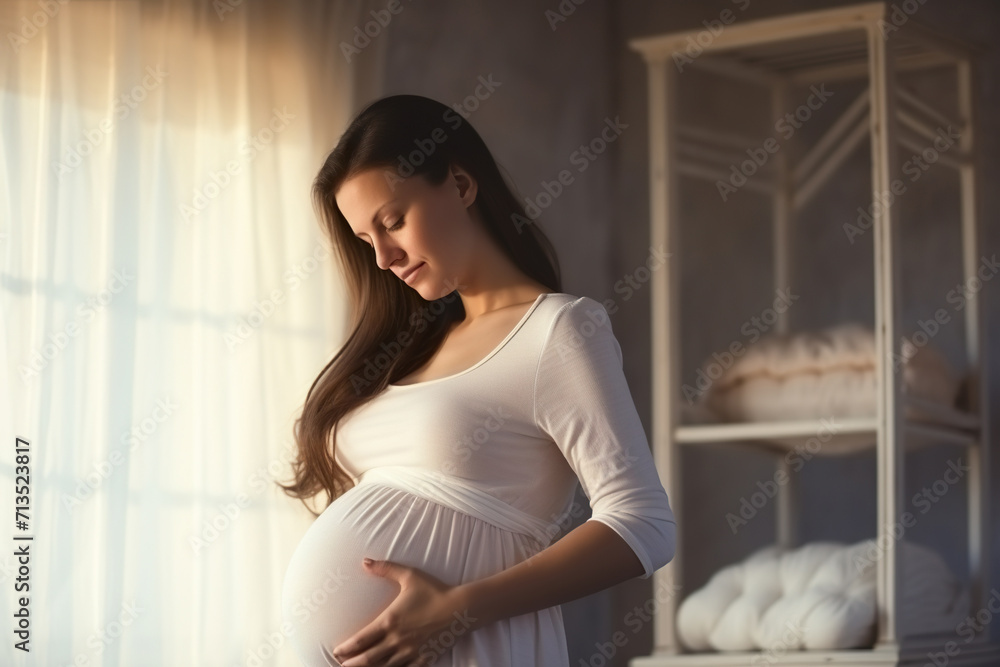 pregnant woman touching herself and looking at her standing belly pregnant woman touching herself and looking at her standing belly