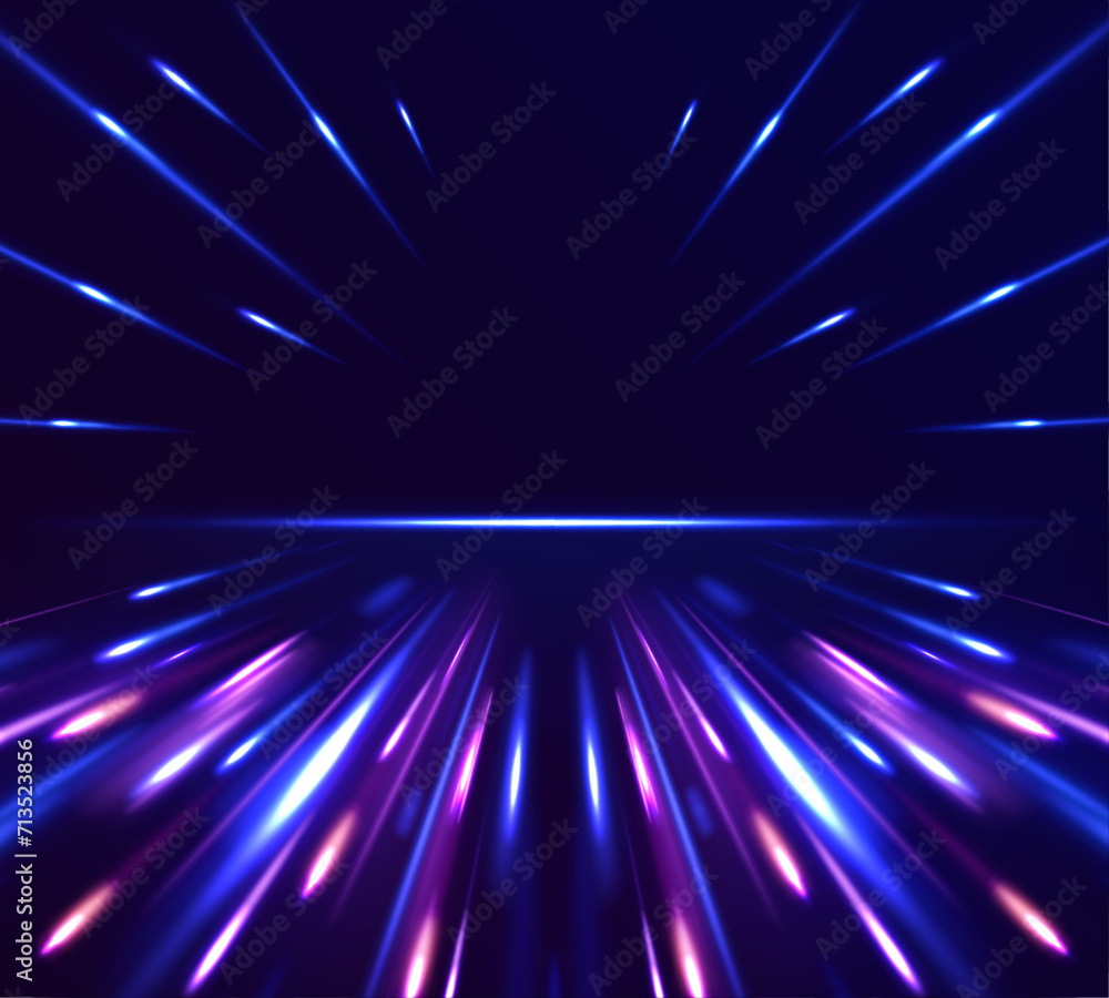 Naklejka premium Panoramic high speed technology concept, light abstract background. Vector dark blue abstract background with ultraviolet neon glow, blurry light lines, waves. 