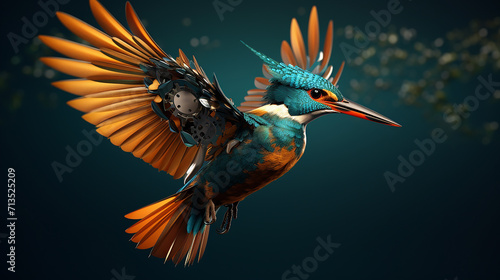 Common kingfisher with wings spread out on a branch ai generative photo